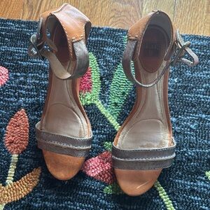 Frye wedge sandals gold and tan